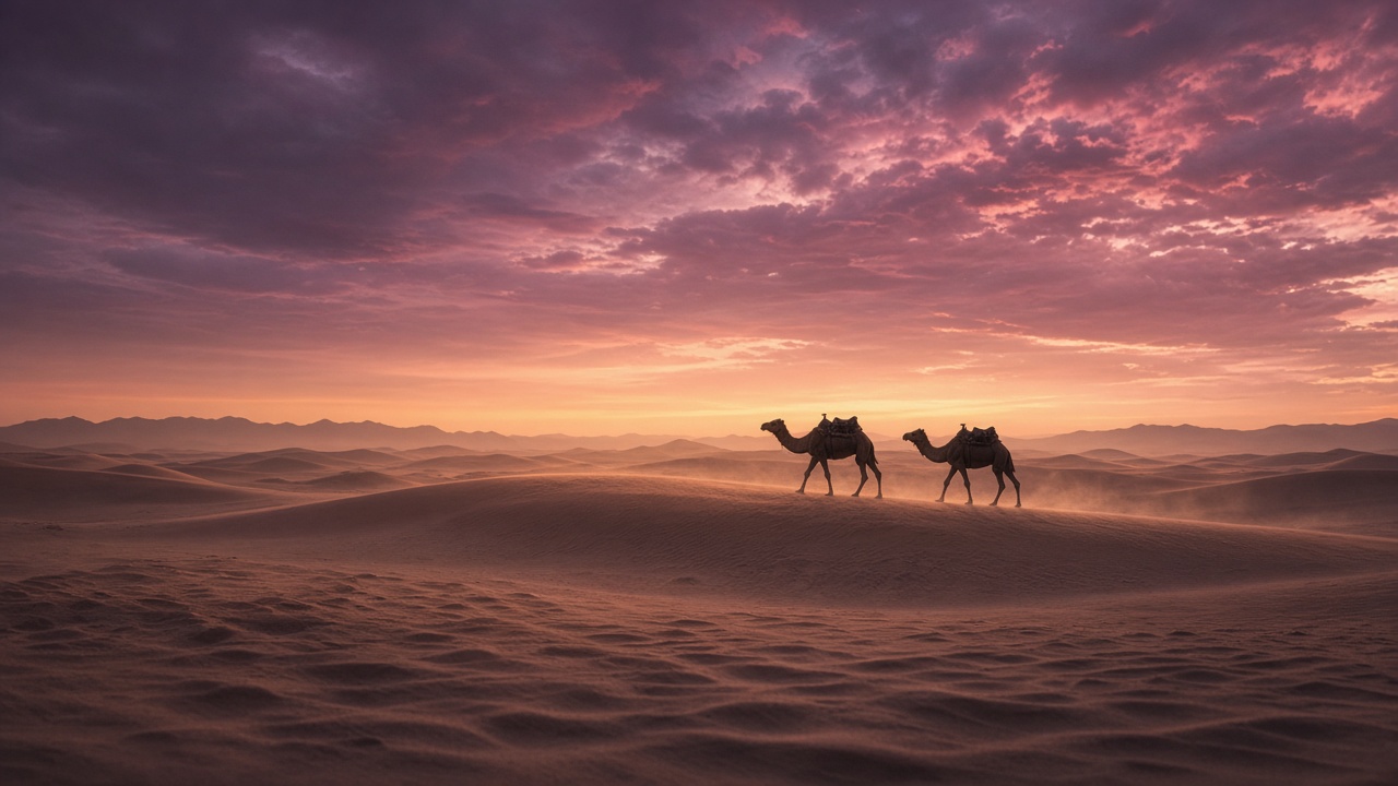 Camels crossing dusk dunes