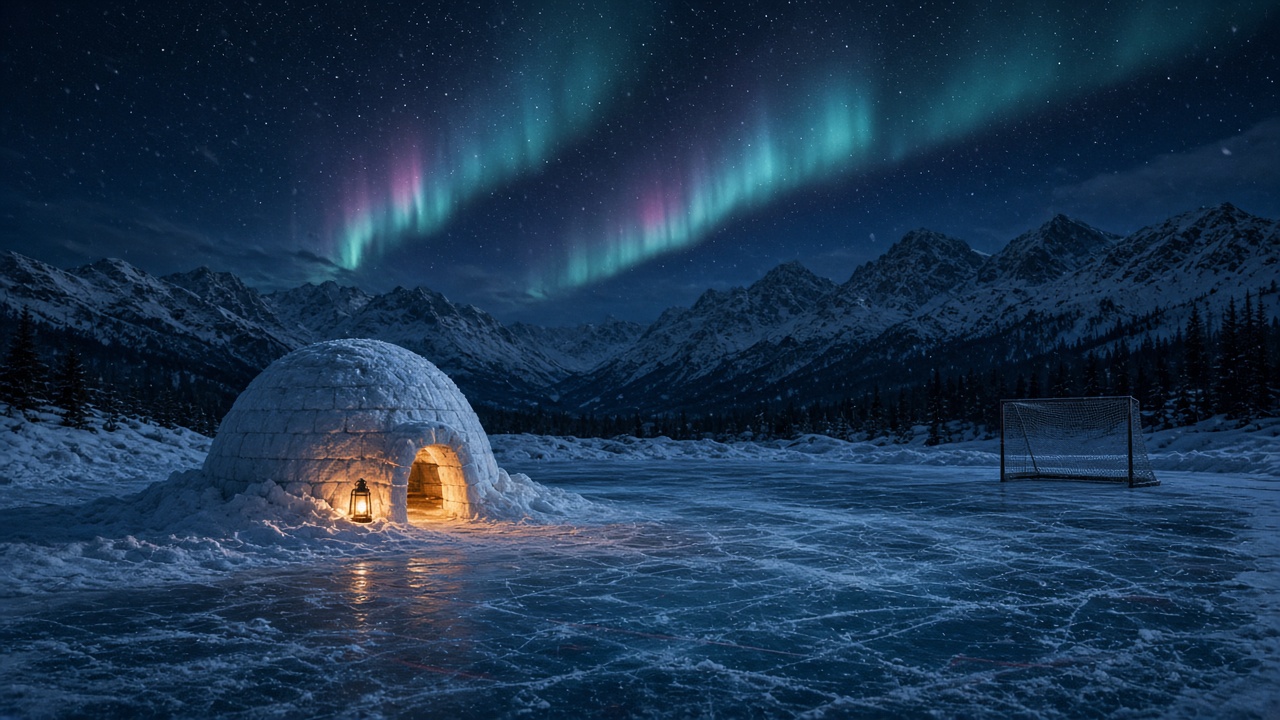 Igloo on a frozen pond hockey rink